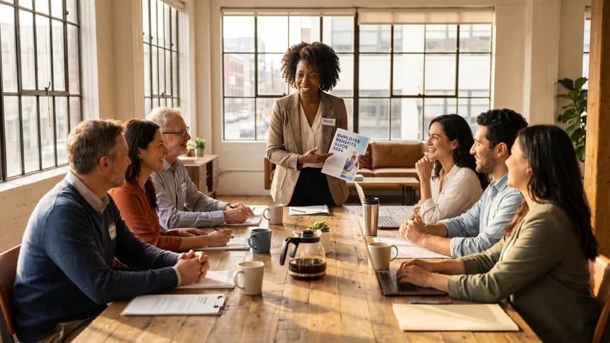Small business owner presenting benefits enrollment materials to employees