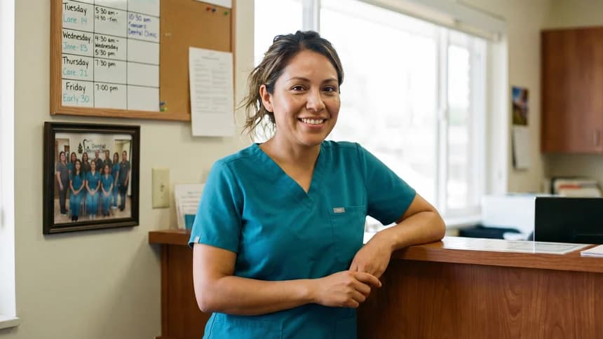 Dental hygienist in scrubs leaning against reception desk