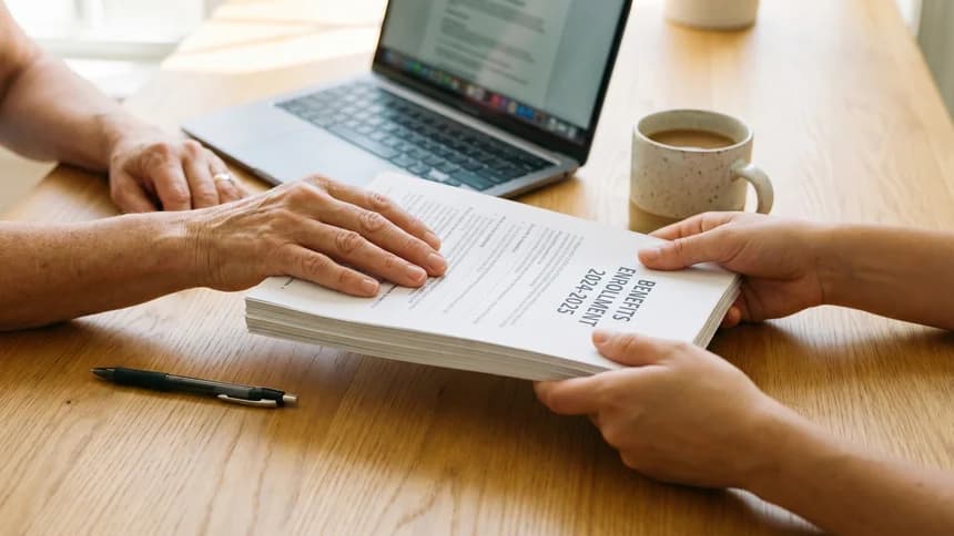 Close-up of hands sliding benefits enrollment packet across desk