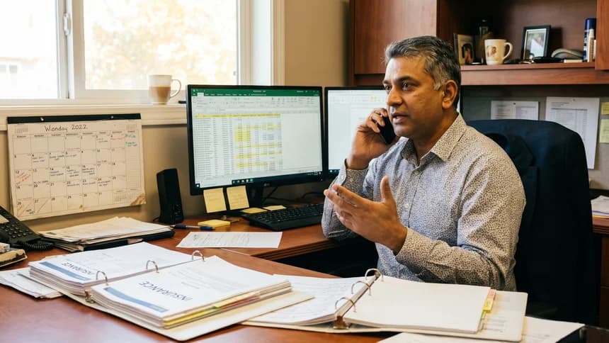 Practice administrator on phone in back office during renewal season