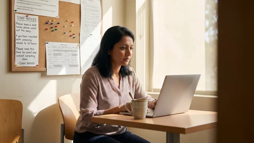 Practice manager sitting alone in break room with laptop and coffee