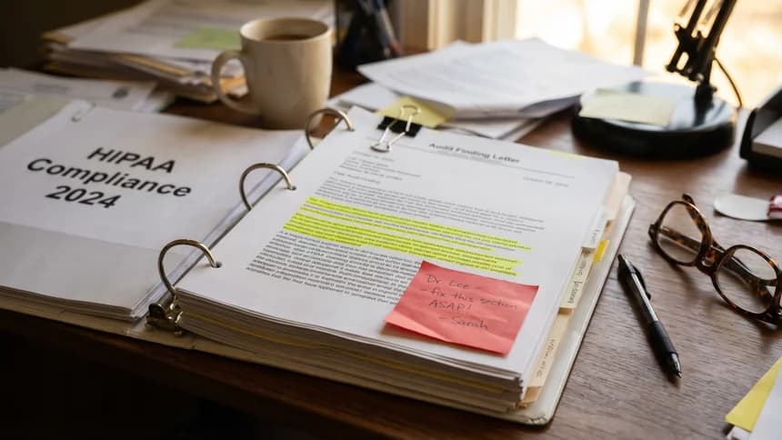 HIPAA compliance binder open on desk with highlighted audit finding