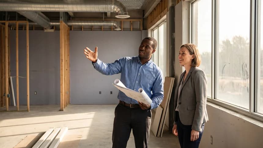 Two founders in a freshly leased empty medical suite with blueprints