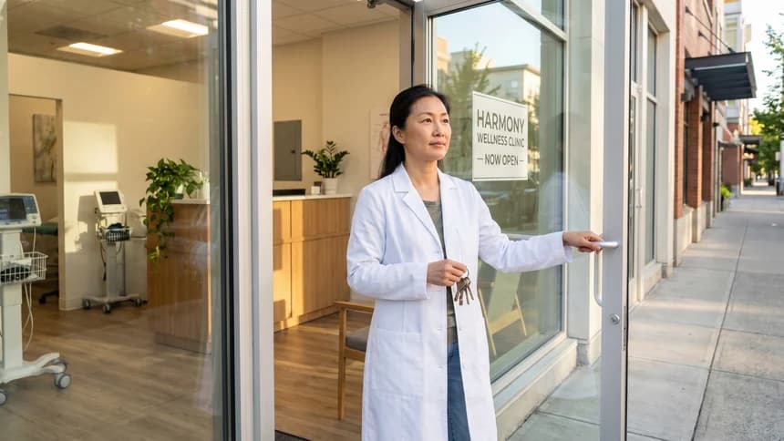 Practice owner in white coat standing in doorway of new clinic
