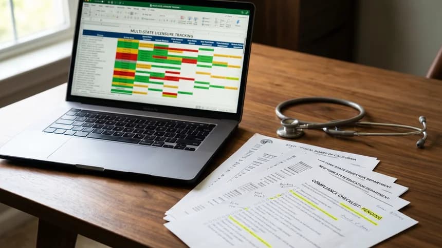 Laptop showing multi-state licensure tracking spreadsheet with documents