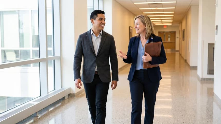 Founder and advisor walking through hospital corridor