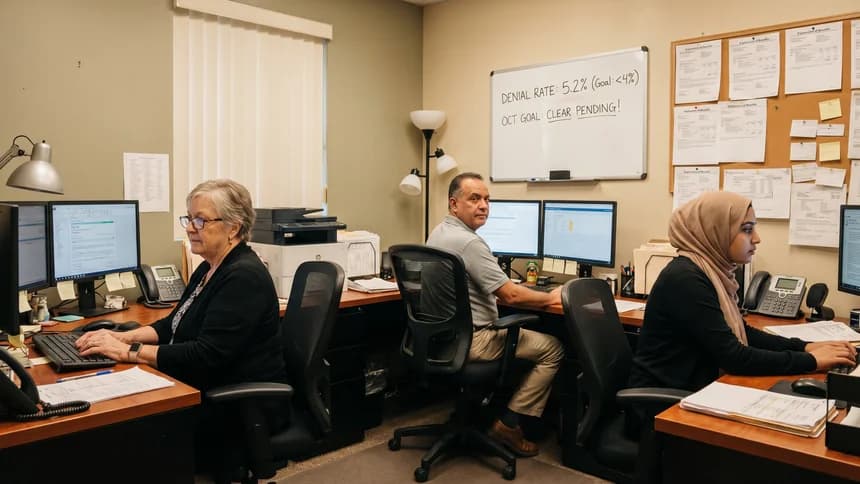 Billing department with dual monitors and denial rate whiteboard
