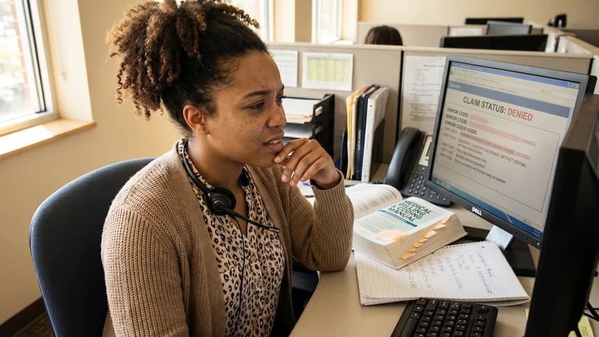 New billing specialist at desk with training manual and denial screen