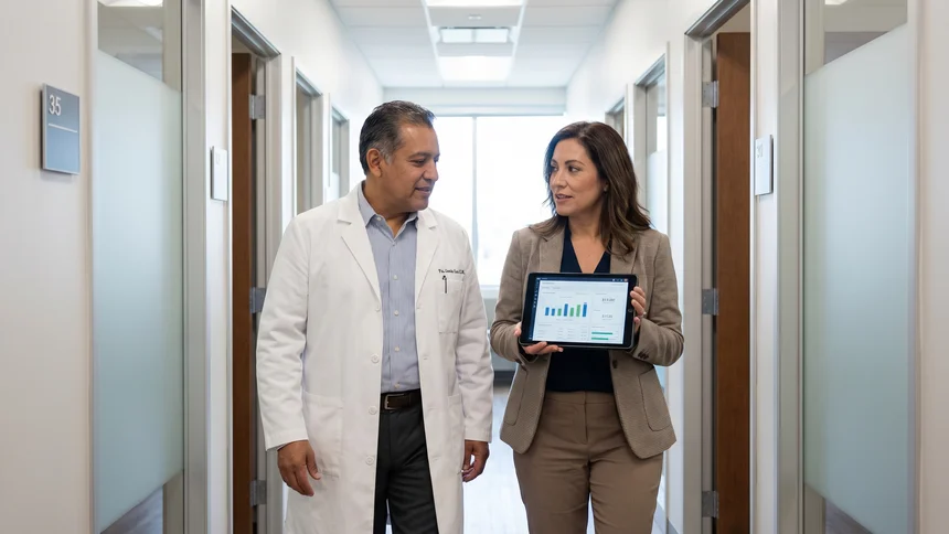 Physician and administrator walking through clinic reviewing tablet dashboard