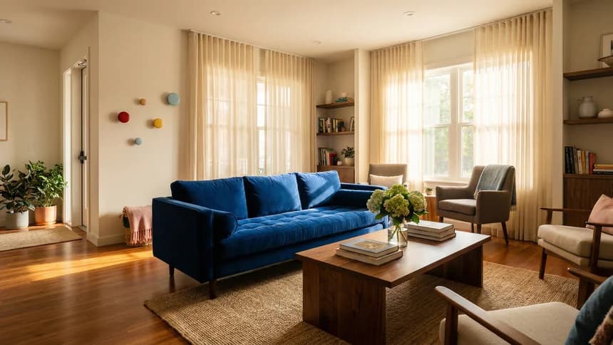 Warm assisted living common room with blue sofa and fresh flowers