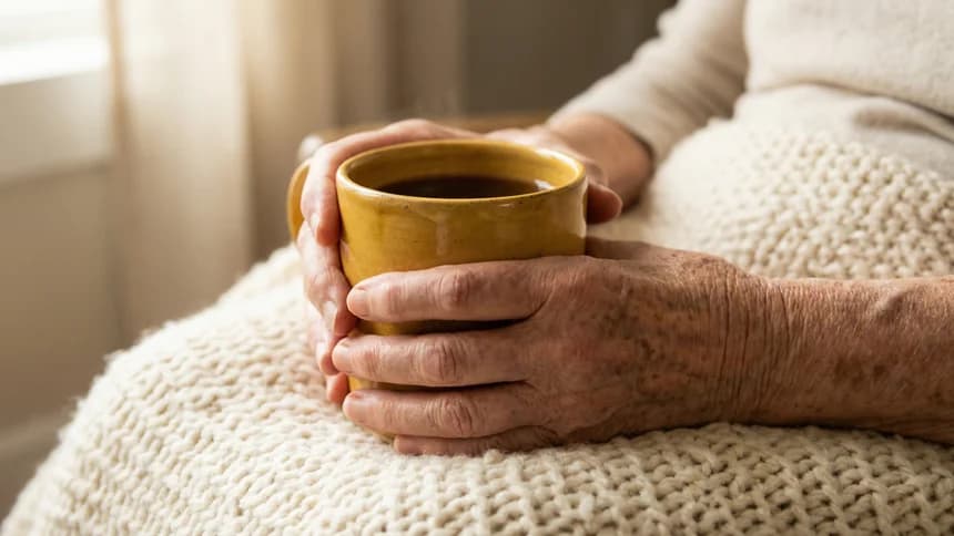 Elderly hands cradling warm ceramic mug