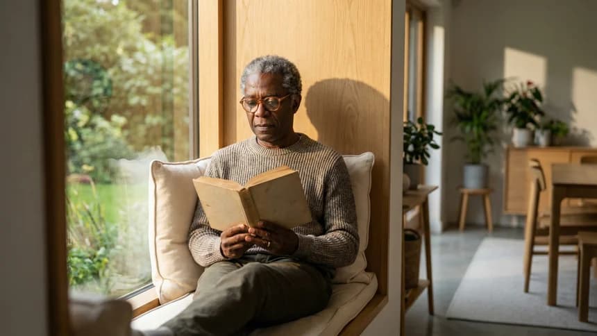 Older resident reading in sunlit window seat