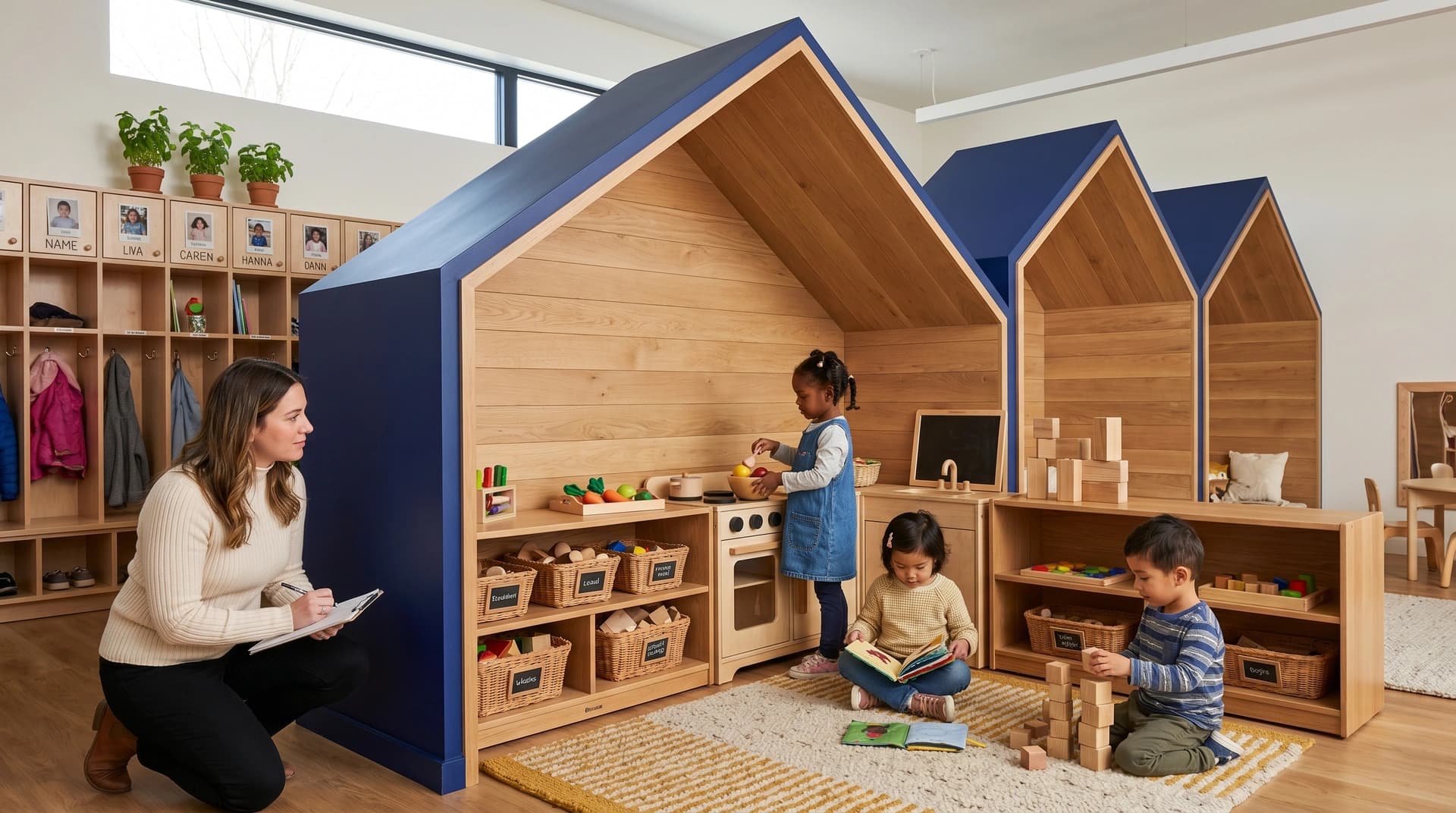 Children playing inside navy house-shaped play nooks while the center director takes notes at a licensed NY daycare