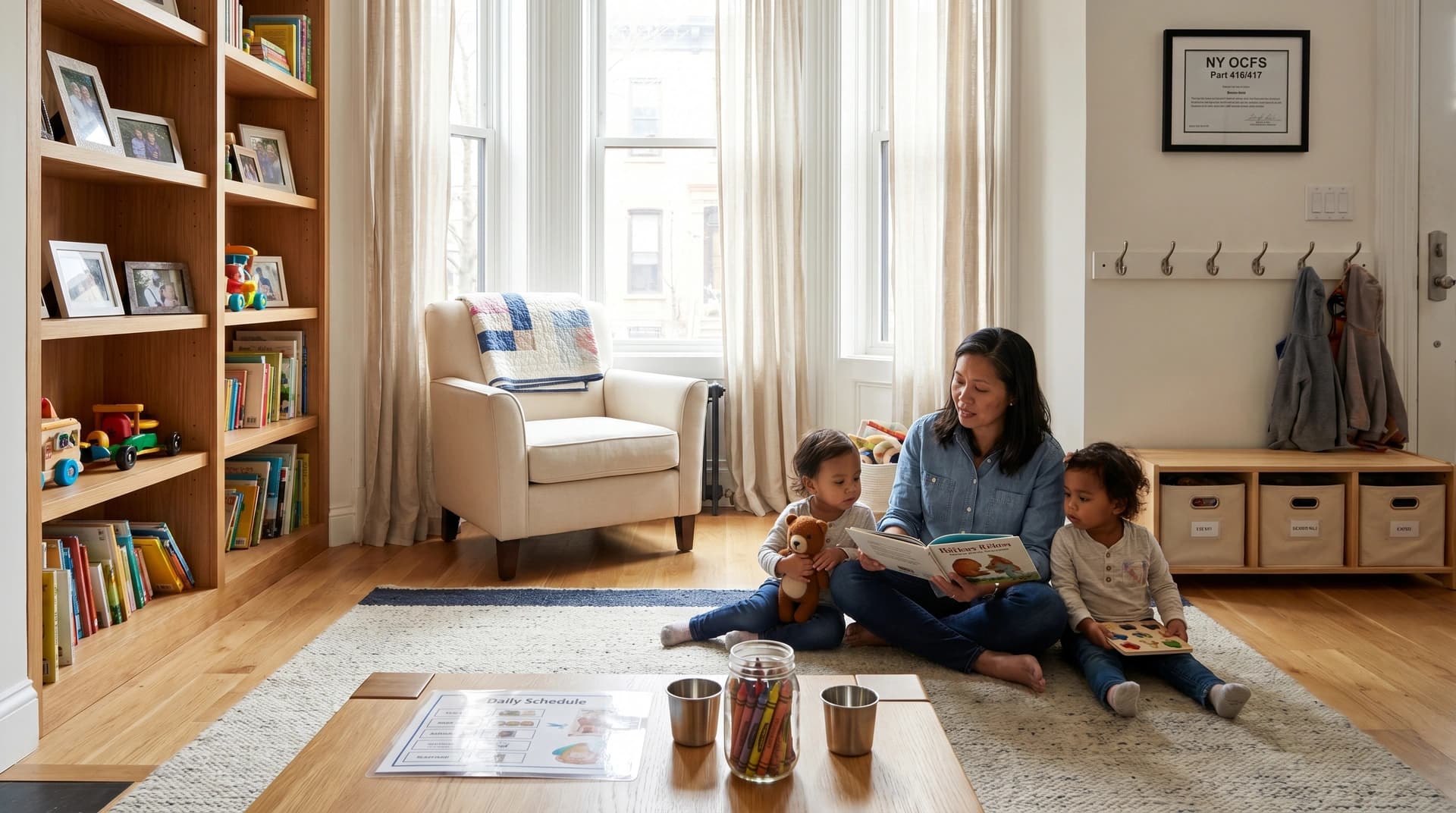 Family day care provider reading with two toddlers in her licensed New York brownstone living room