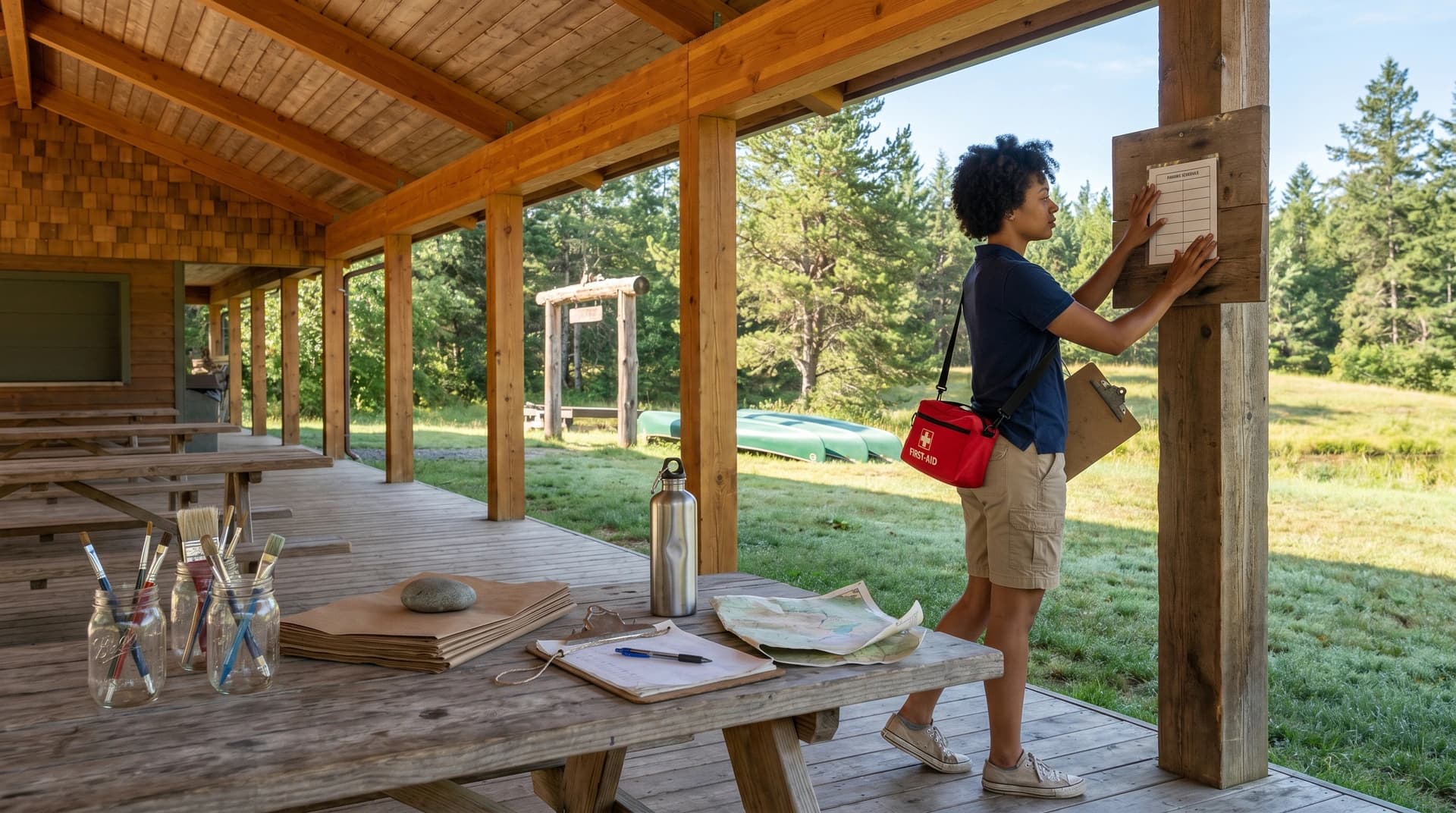 Camp counselor posting the daily schedule at a New York summer day-camp pavilion before groups arrive