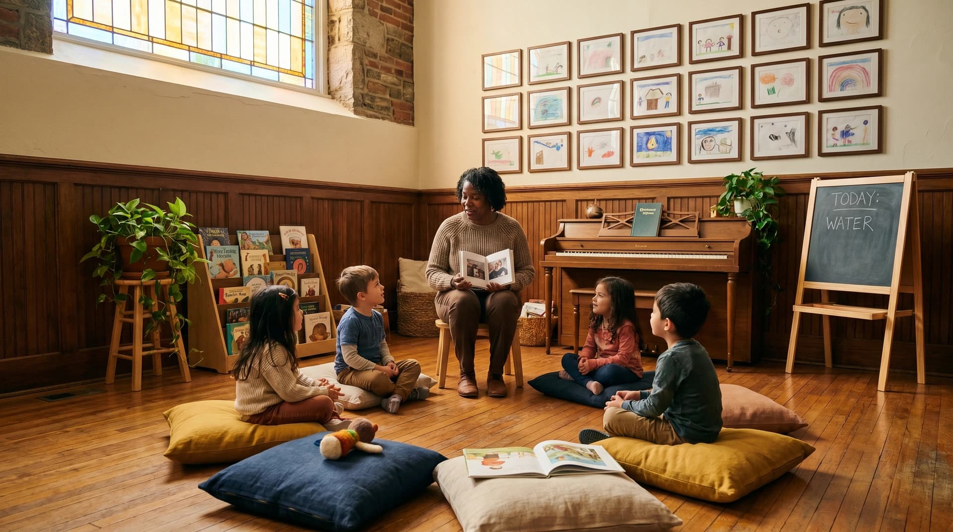 Cooperative preschool teacher leading circle-time with four children under stained-glass clerestory light