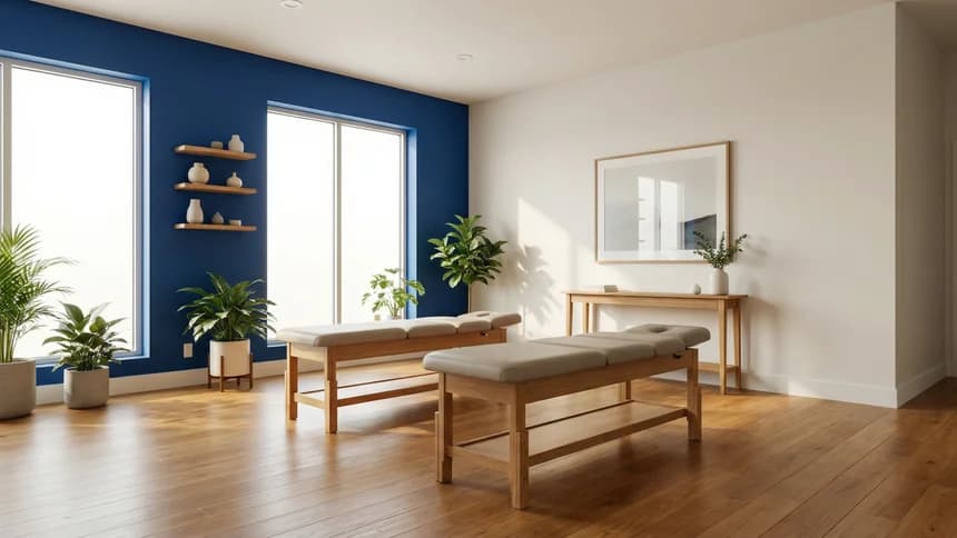 Two treatment tables in modern chiropractic office with blue accent wall