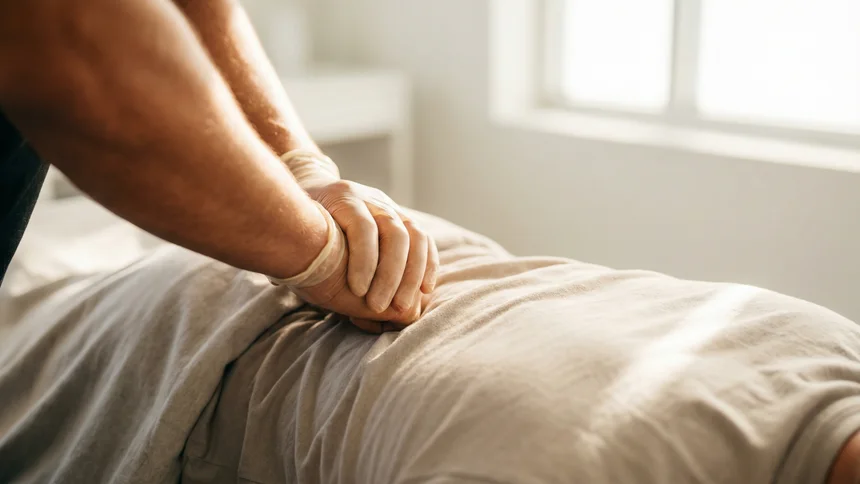 Chiropractor hands applying pressure along patient upper back