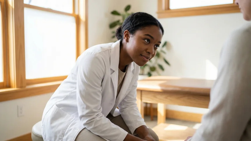Chiropractor leaning forward attentively listening to patient