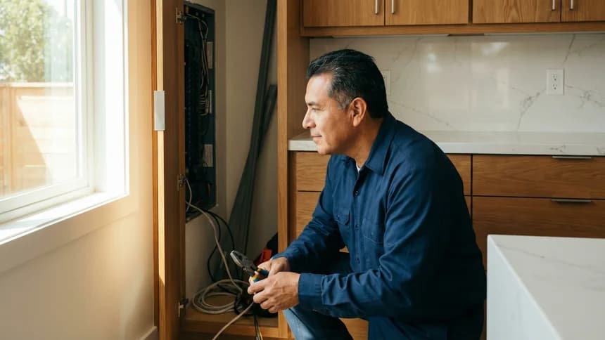 Electrician focused on wiring in residential kitchen
