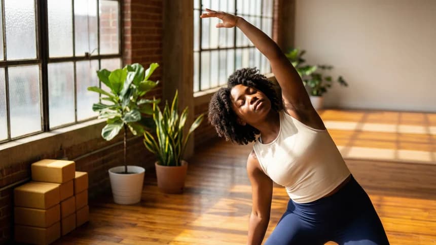 Personal trainer mid-stretch in sunlit yoga studio
