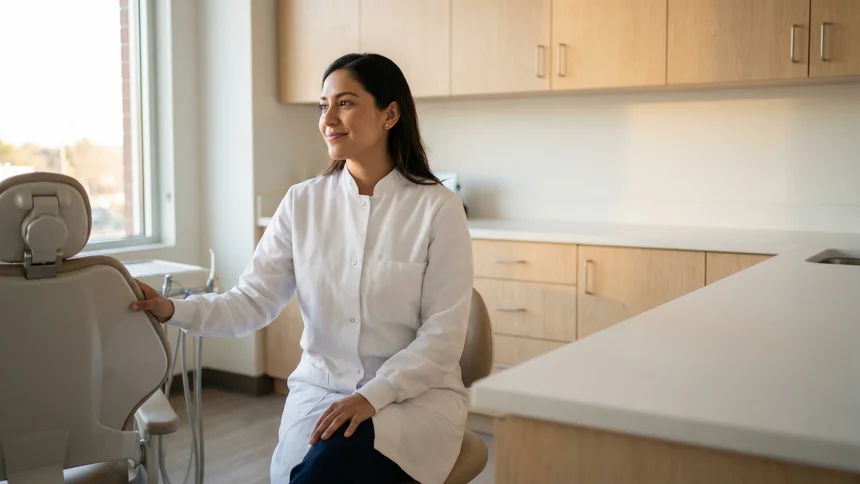 Dentist sitting in bright operatory at end of day