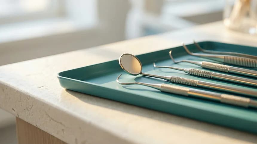 Dental instruments laid out precisely on teal tray