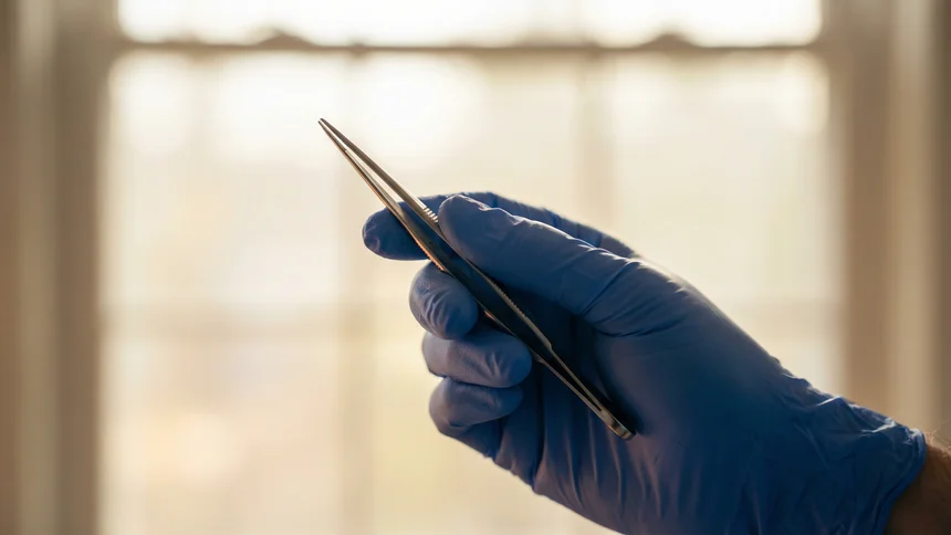 Gloved hand holding fine surgical instrument