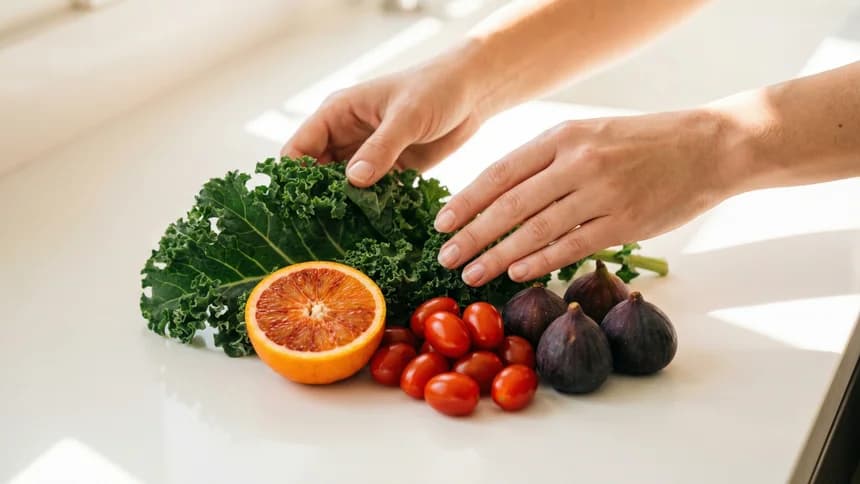 Hands arranging colorful fresh produce on white surface