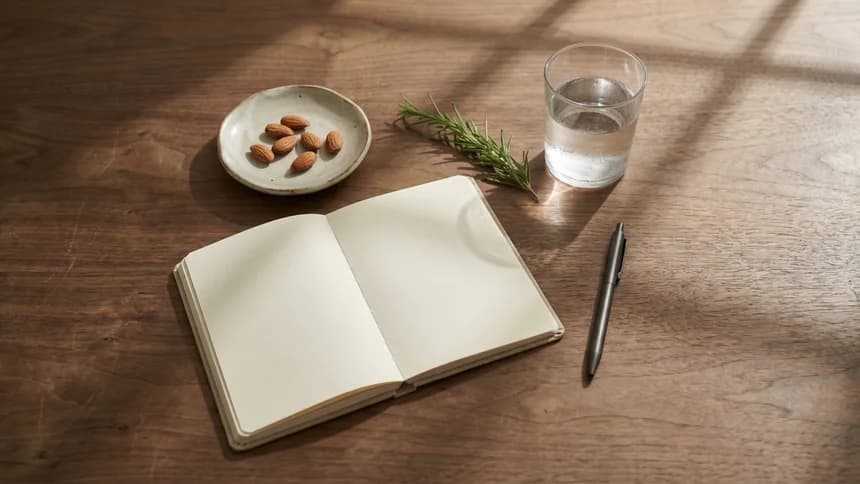 Desktop flat-lay with notebook, almonds, rosemary, and water