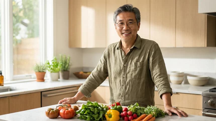 Nutritionist in modern kitchen with colorful vegetables