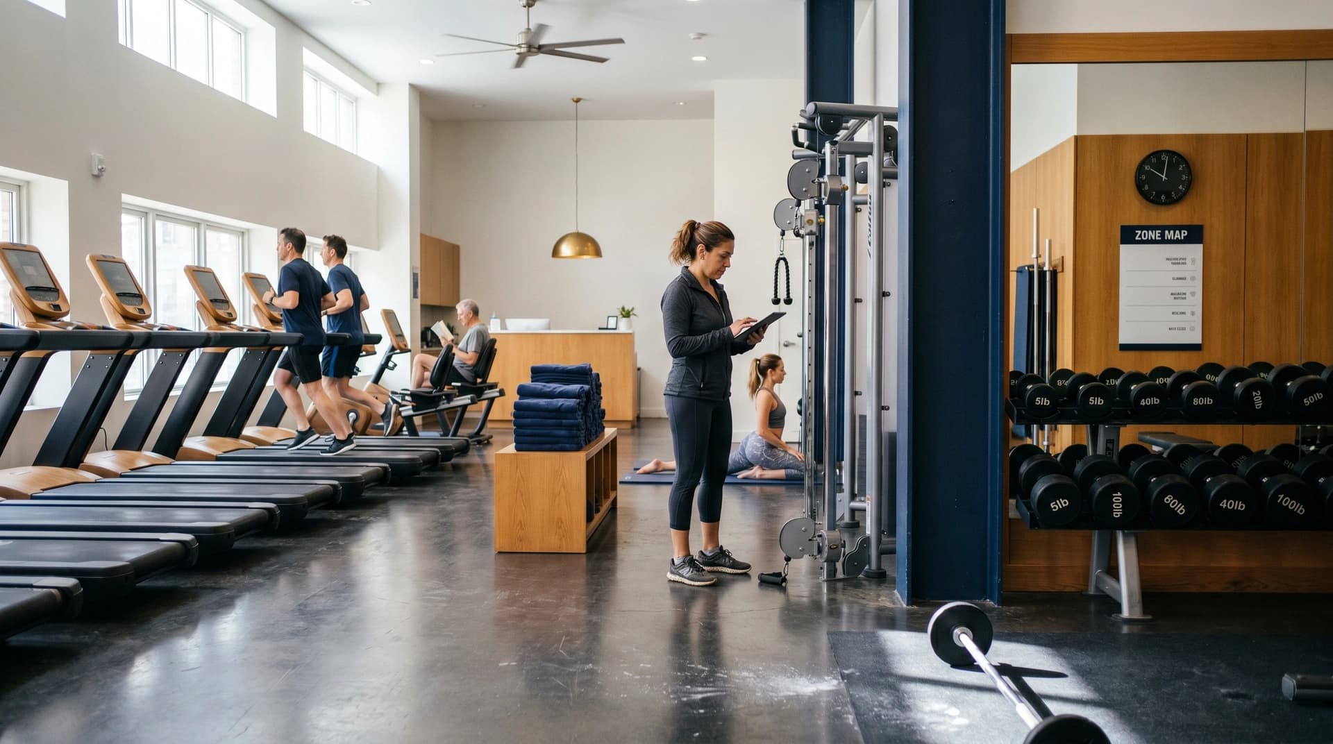 Gym owner checking cable station tension during the mid-morning lull in her full-service NY health club
