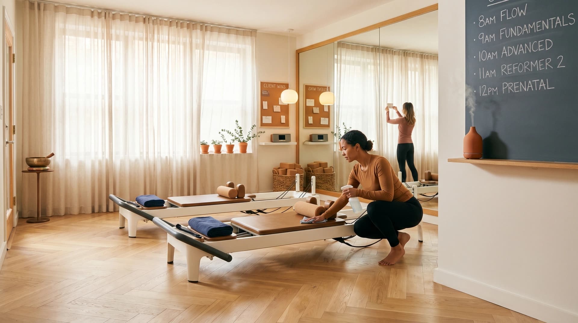Boutique pilates studio owner wiping down a reformer carriage between classes in soft morning light