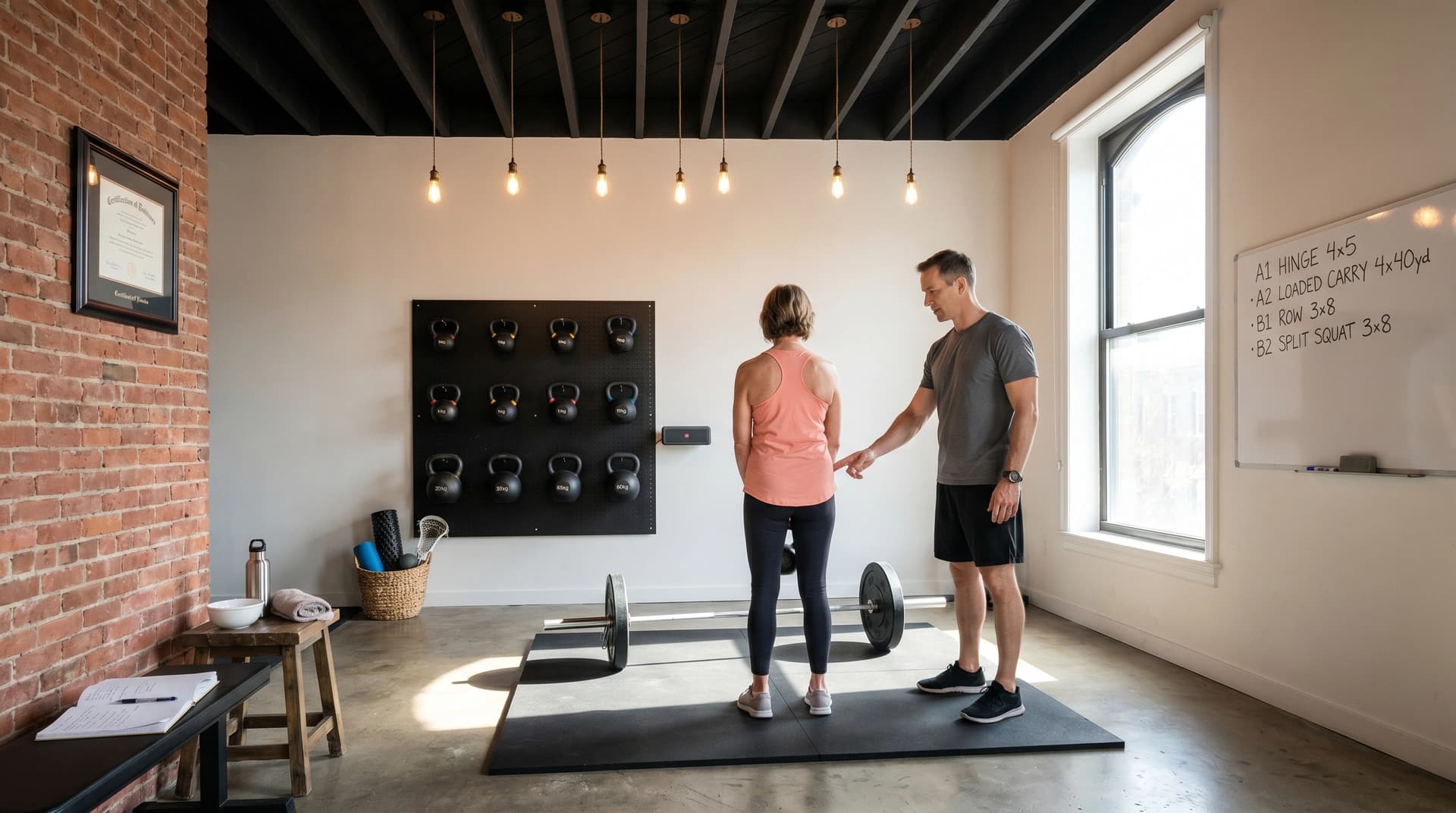 Personal trainer cueing a hip-hinge to his client in a private New York training studio