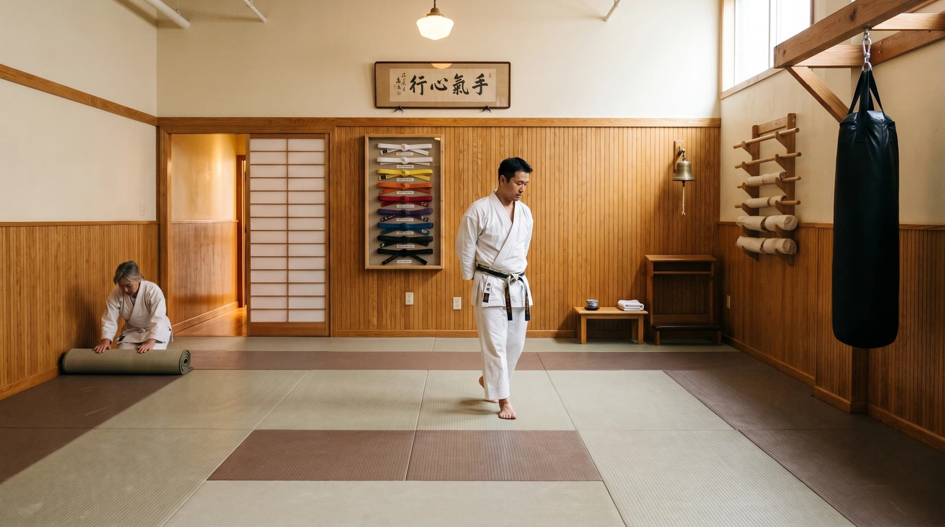 Martial arts school owner walking the tatami between sessions beside his framed student-belt display