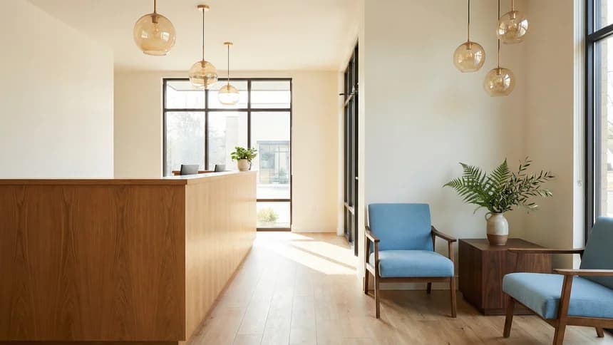 Modern clinic reception with oak desk and blue chairs