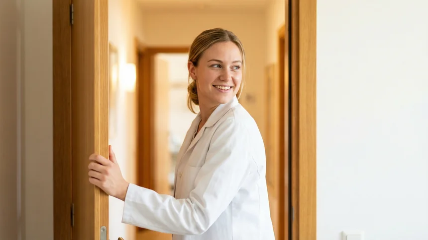 Specialist looking back from exam room doorway with natural smile