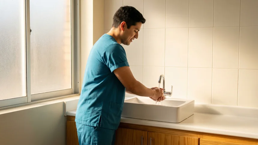 Physician washing hands at modern clinic sink