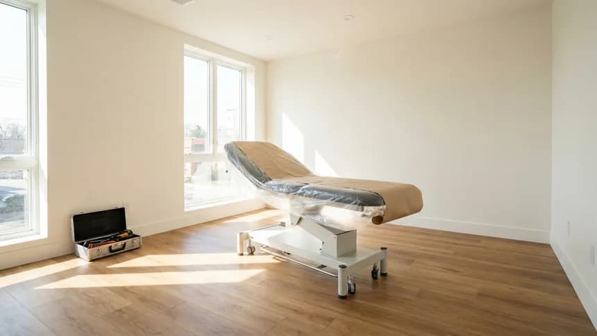 New clinic space with wrapped exam table and morning light