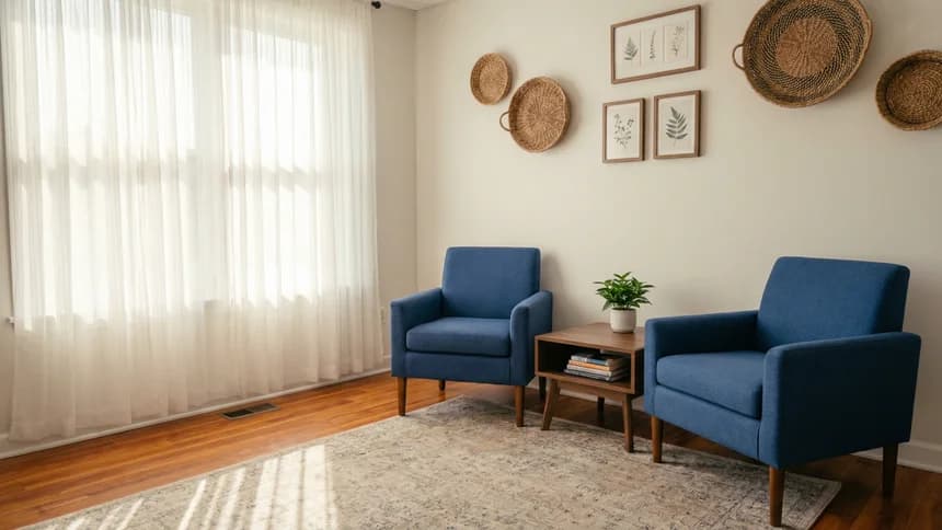 Bright primary care waiting area with blue chairs and plant