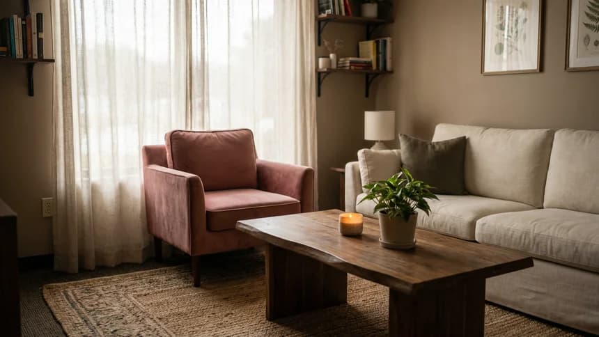 Warm therapy office with rose armchair and cream sofa