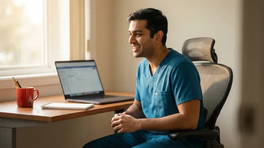 NP in teal scrubs smiling during telehealth session