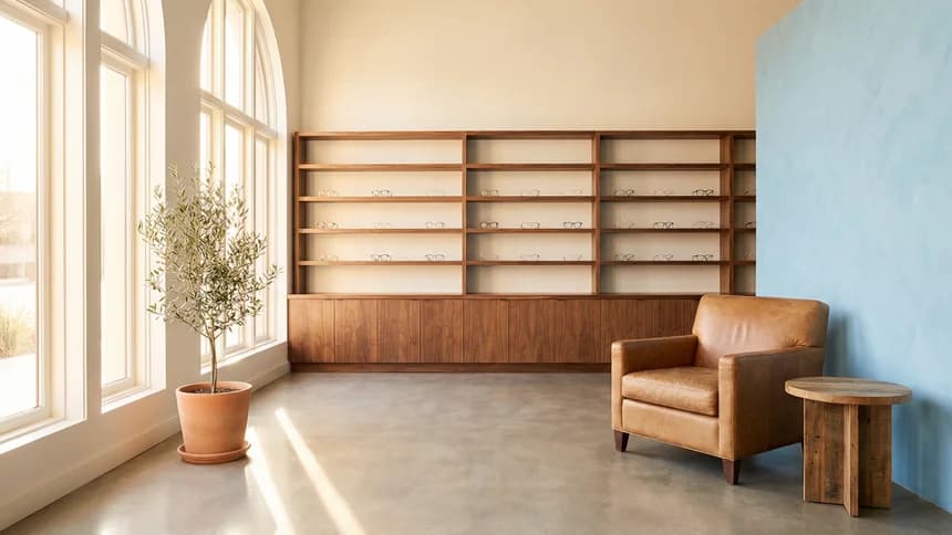 Bright modern optical boutique with walnut shelving and leather chair