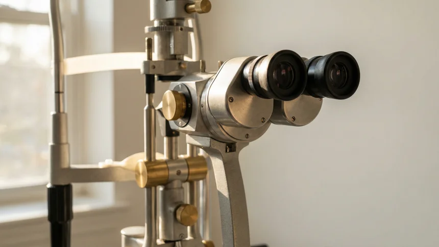 Slit lamp biomicroscope catching warm light