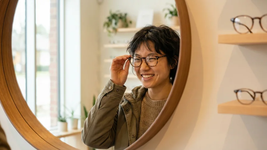 Woman trying on glasses in front of wood-framed mirror