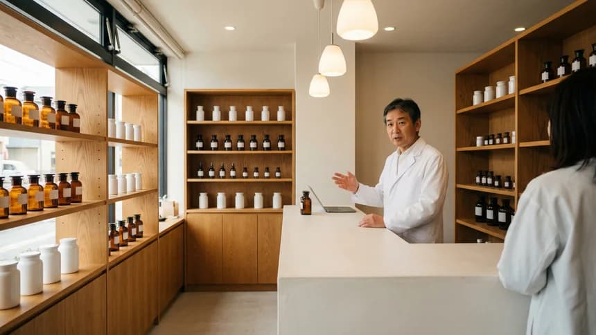 Pharmacist behind counter in bright modern pharmacy