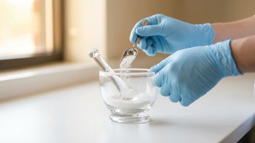 Gloved hands measuring powder into glass mortar and pestle