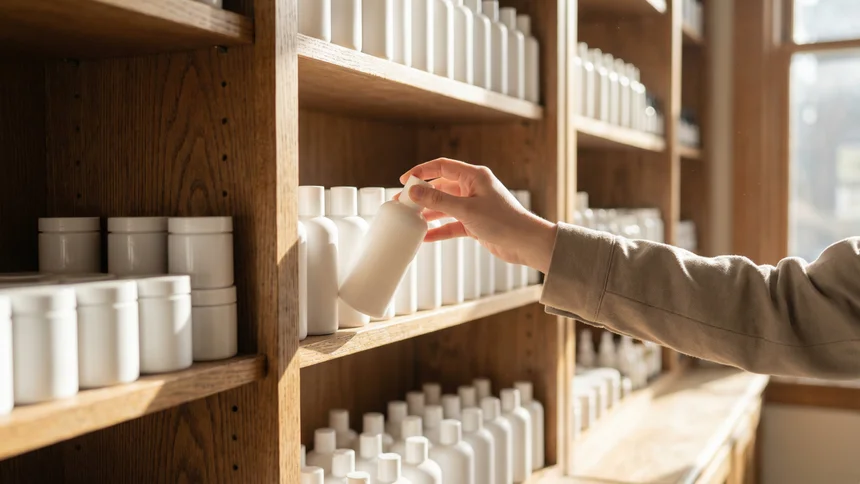 Hand reaching for medication container on warm wood shelving