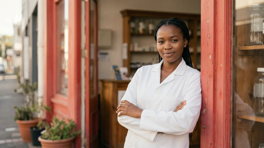Pharmacist leaning on doorframe with quiet pride
