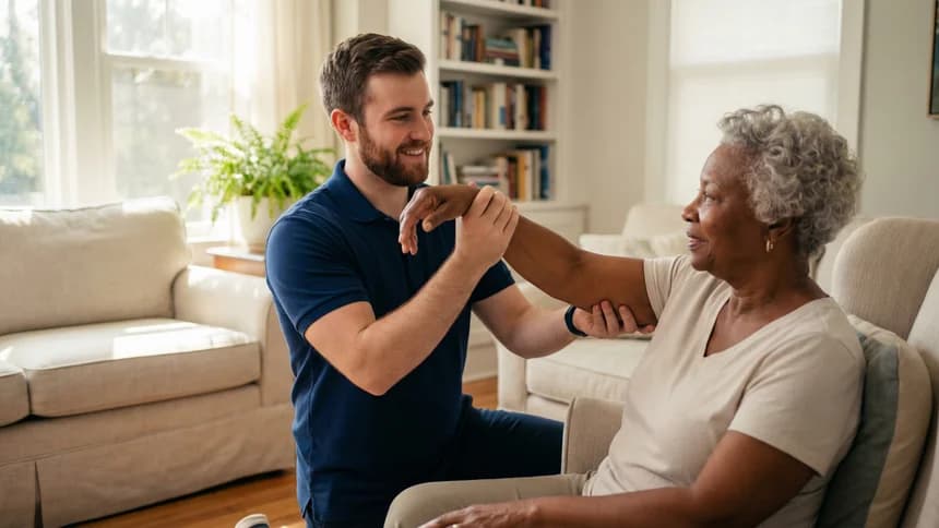 Physical therapist guiding patient through exercise in living room